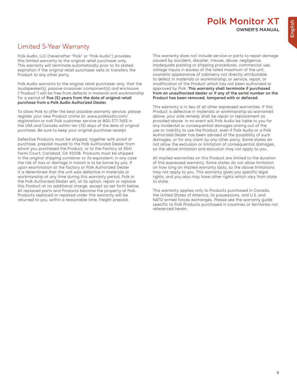 Polk monitor xt, Limited 5-year warranty | Polk Audio Monitor XT60 Two-Way Floorstanding Speaker (Single) User Manual | Page 9 / 80