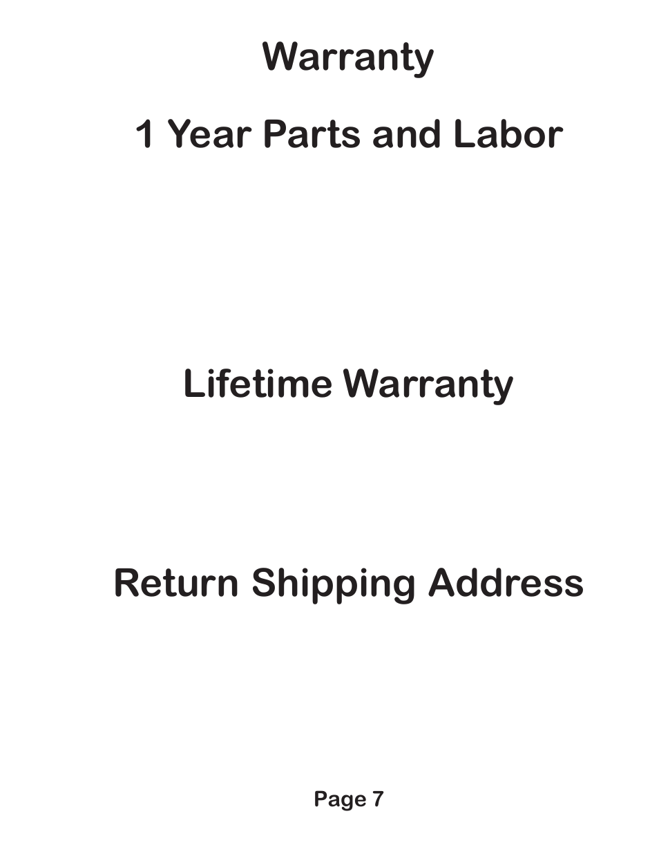 Warranty 1 year parts and labor, Lifetime warranty, Return shipping address | Digital Camera Battery DCB40WB User Manual | Page 7 / 8