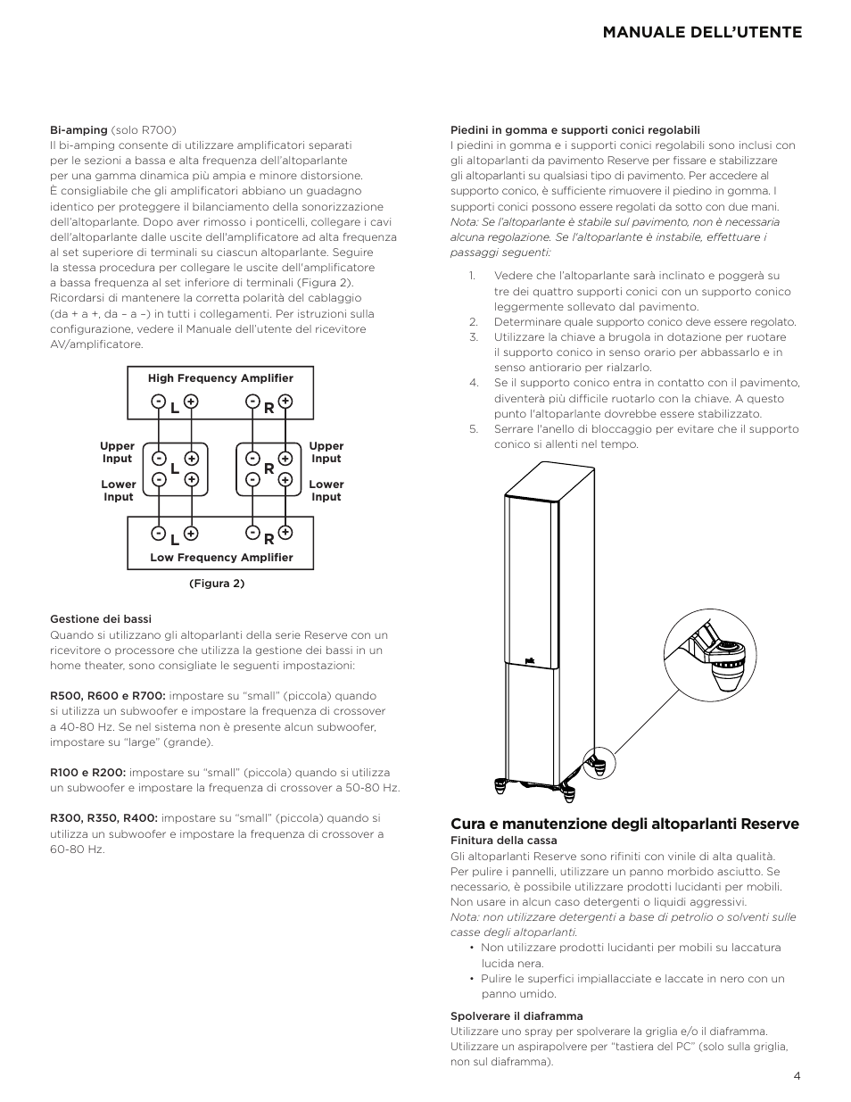 Manuale dell’utente, Cura e manutenzione degli altoparlanti reserve | Polk Audio Reserve Series R700 Three-Way Floorstanding Speaker (Walnut, Single) User Manual | Page 103 / 155