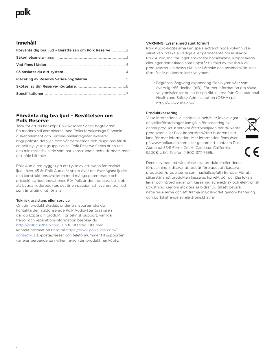 Innehåll | Polk Audio Reserve Series R700 Three-Way Floorstanding Speaker (Walnut, Single) User Manual | Page 114 / 155