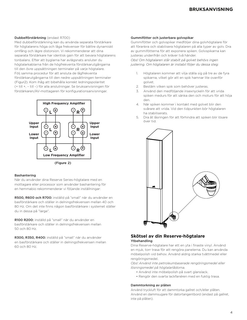 Bruksanvisning, Skötsel av din reserve-högtalare, Lr r | Polk Audio Reserve Series R700 Three-Way Floorstanding Speaker (Walnut, Single) User Manual | Page 117 / 155