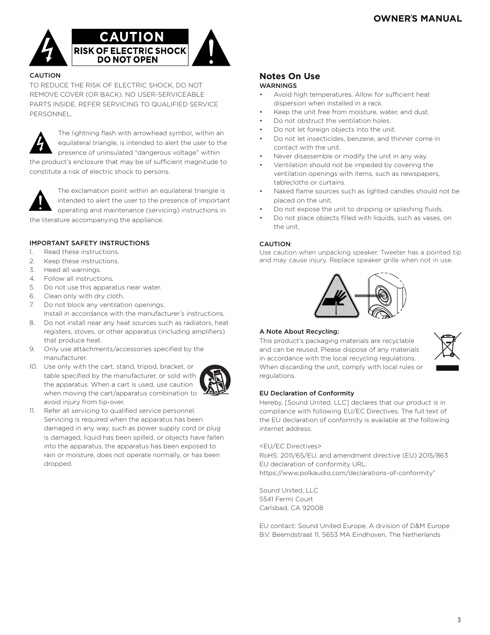 Owner, S manual | Polk Audio Reserve Series R700 Three-Way Floorstanding Speaker (Walnut, Single) User Manual | Page 3 / 155