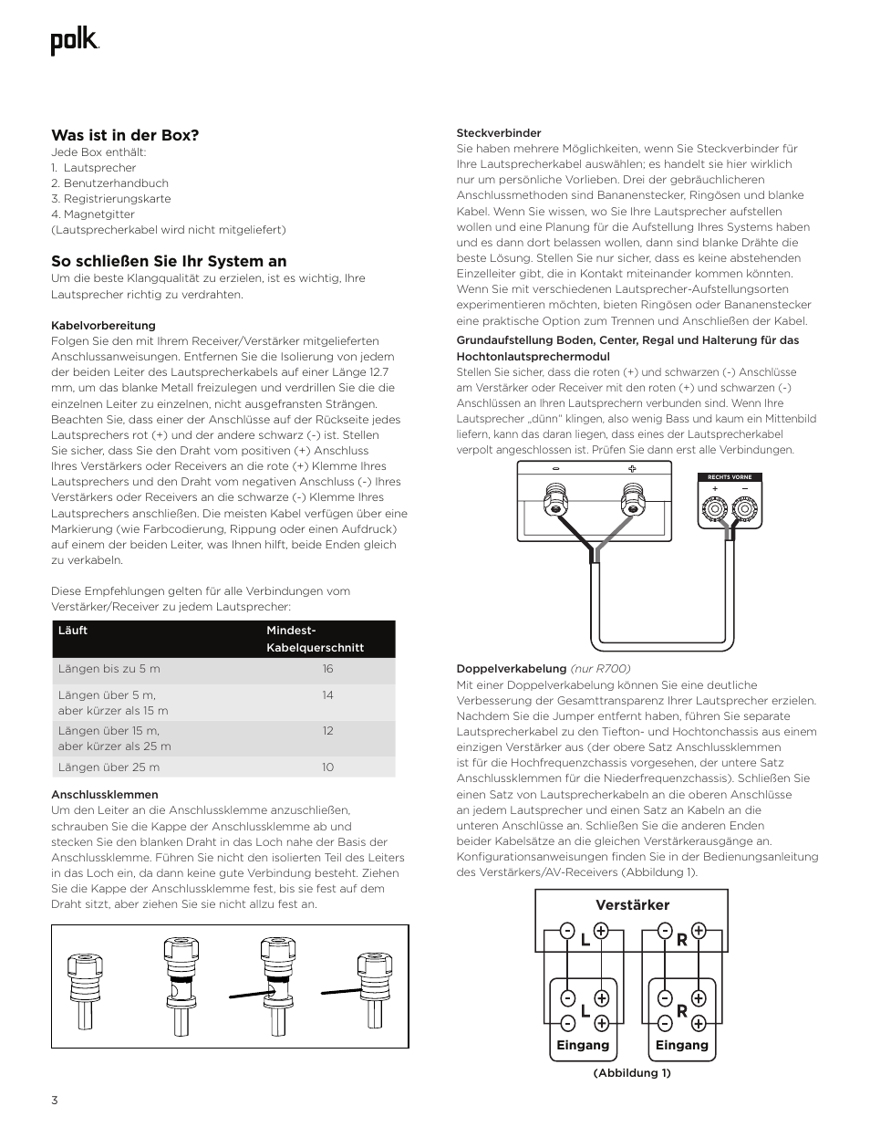 Was ist in der box, So schließen sie ihr system an | Polk Audio Reserve Series R700 Three-Way Floorstanding Speaker (Walnut, Single) User Manual | Page 32 / 155