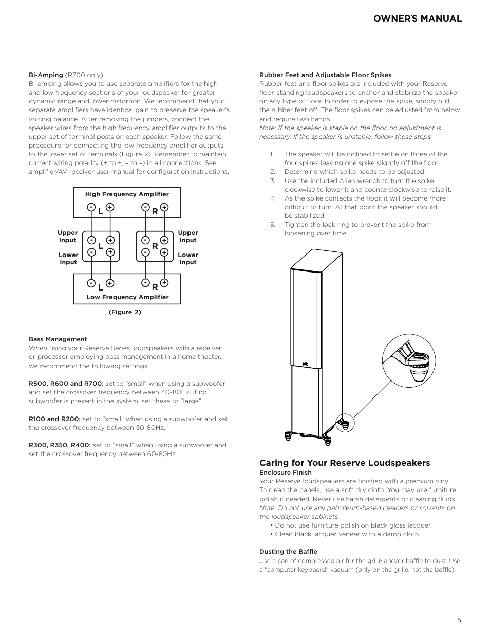 Owner, S manual, Caring for your reserve loudspeakers | Polk Audio Reserve Series R700 Three-Way Floorstanding Speaker (Walnut, Single) User Manual | Page 5 / 155