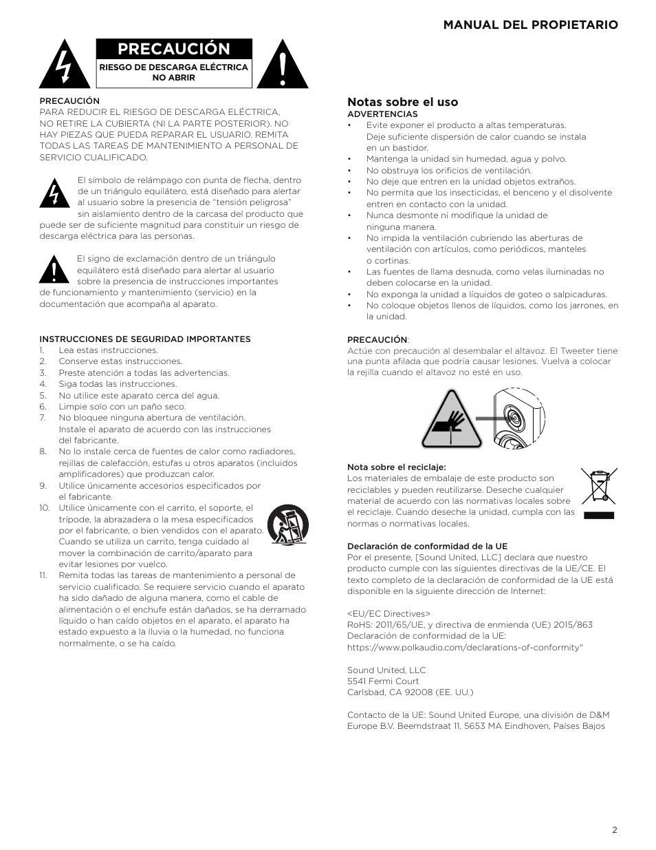 Precaución, Manual del propietario, Notas sobre el uso | Polk Audio Reserve Series R700 Three-Way Floorstanding Speaker (Walnut, Single) User Manual | Page 59 / 155