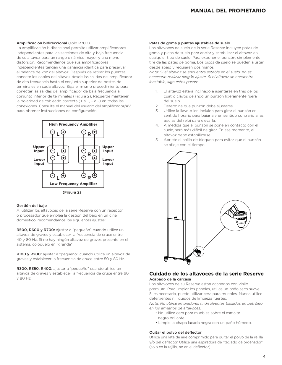 Manual del propietario, Cuidado de los altavoces de la serie reserve | Polk Audio Reserve Series R700 Three-Way Floorstanding Speaker (Walnut, Single) User Manual | Page 61 / 155