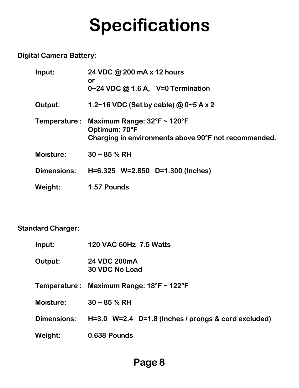 Specifications, Page 8 | Digital Camera Battery DCB30WB User Manual | Page 8 / 8