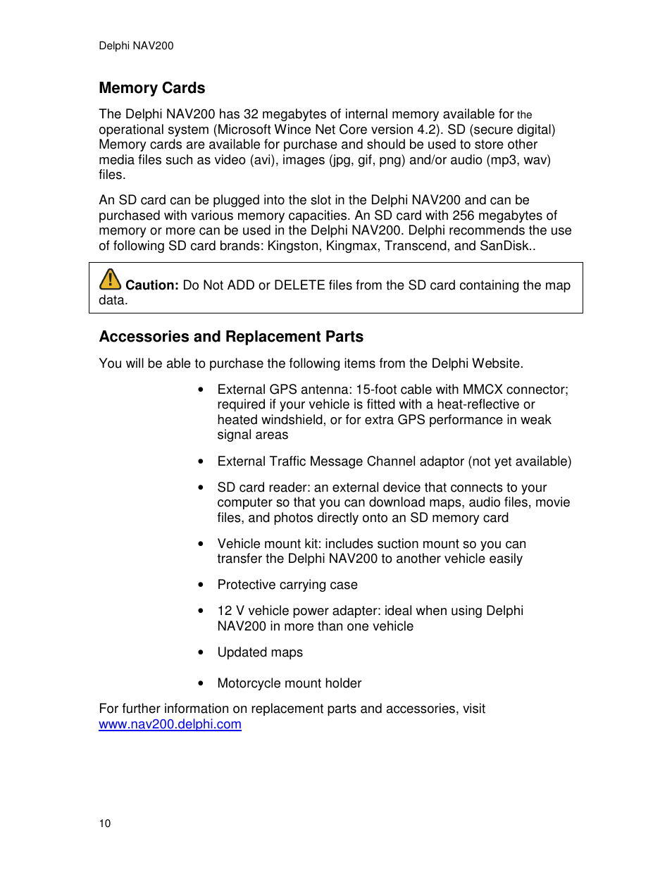 Accessories and replacement parts | Delphi NAV200 User Manual | Page 10 / 85