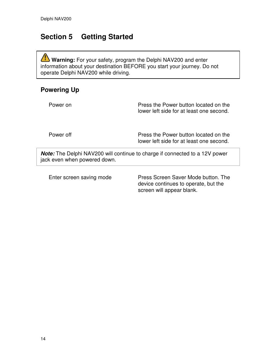 Powering up | Delphi NAV200 User Manual | Page 14 / 85