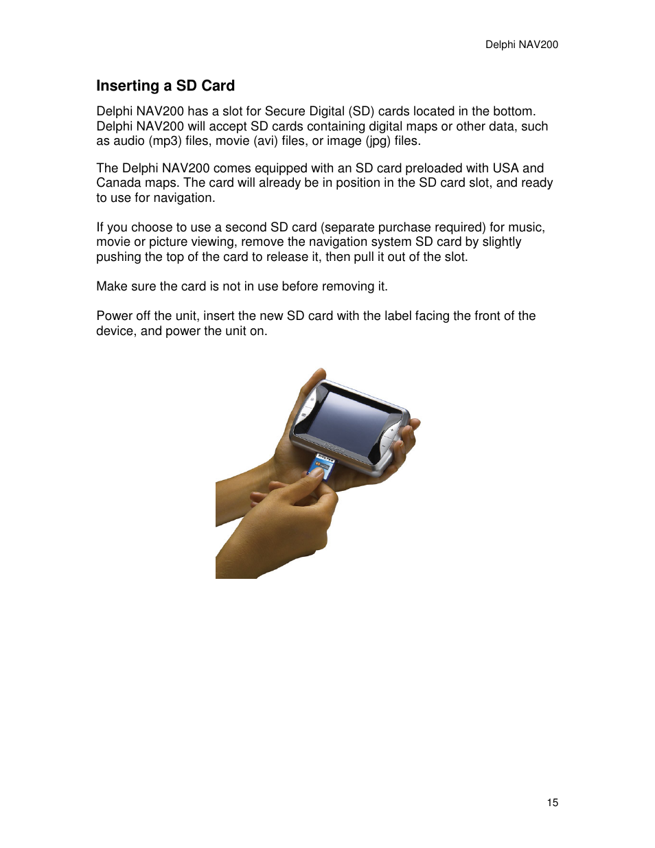 Inserting a sd card | Delphi NAV200 User Manual | Page 15 / 85