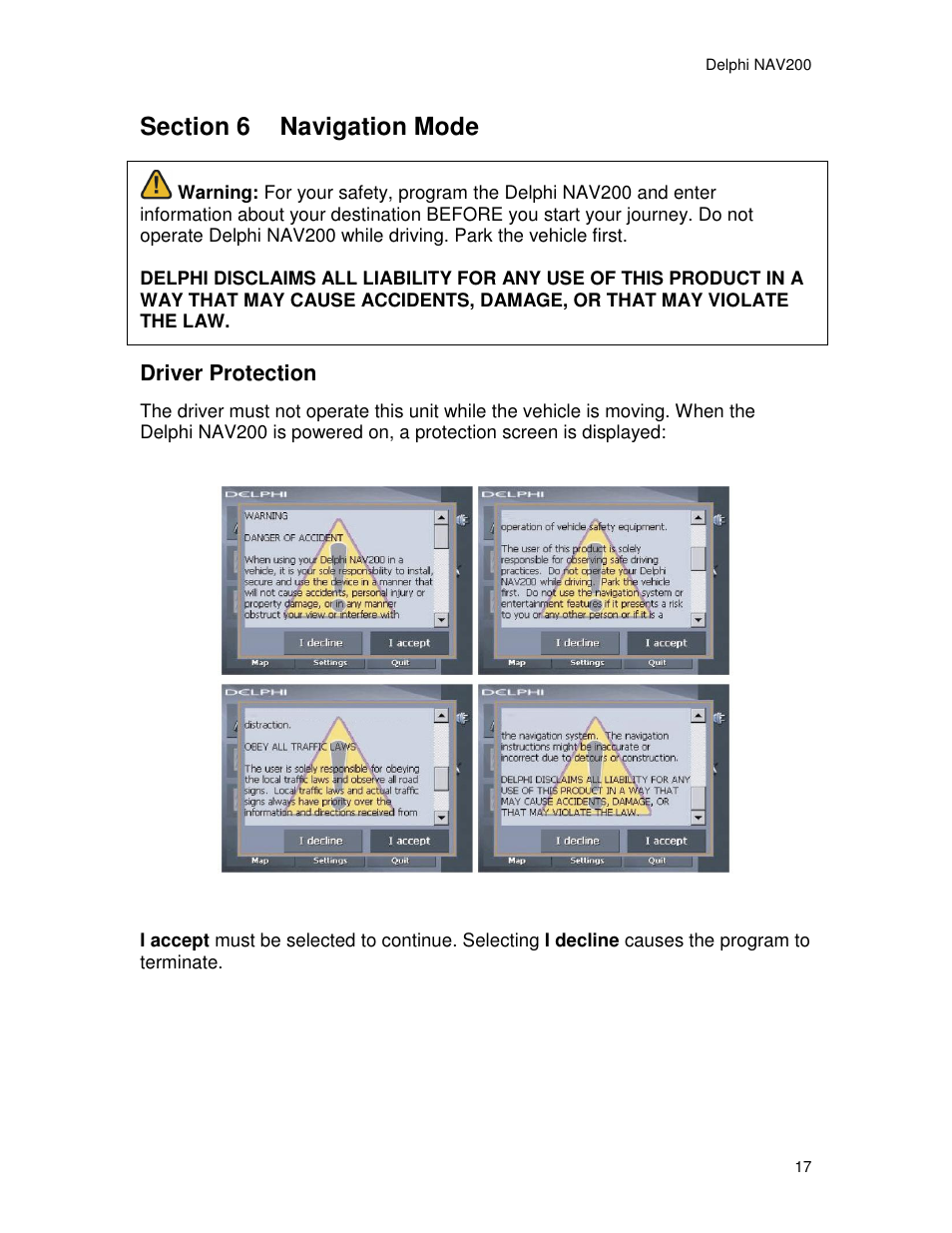 Driver protection | Delphi NAV200 User Manual | Page 17 / 85