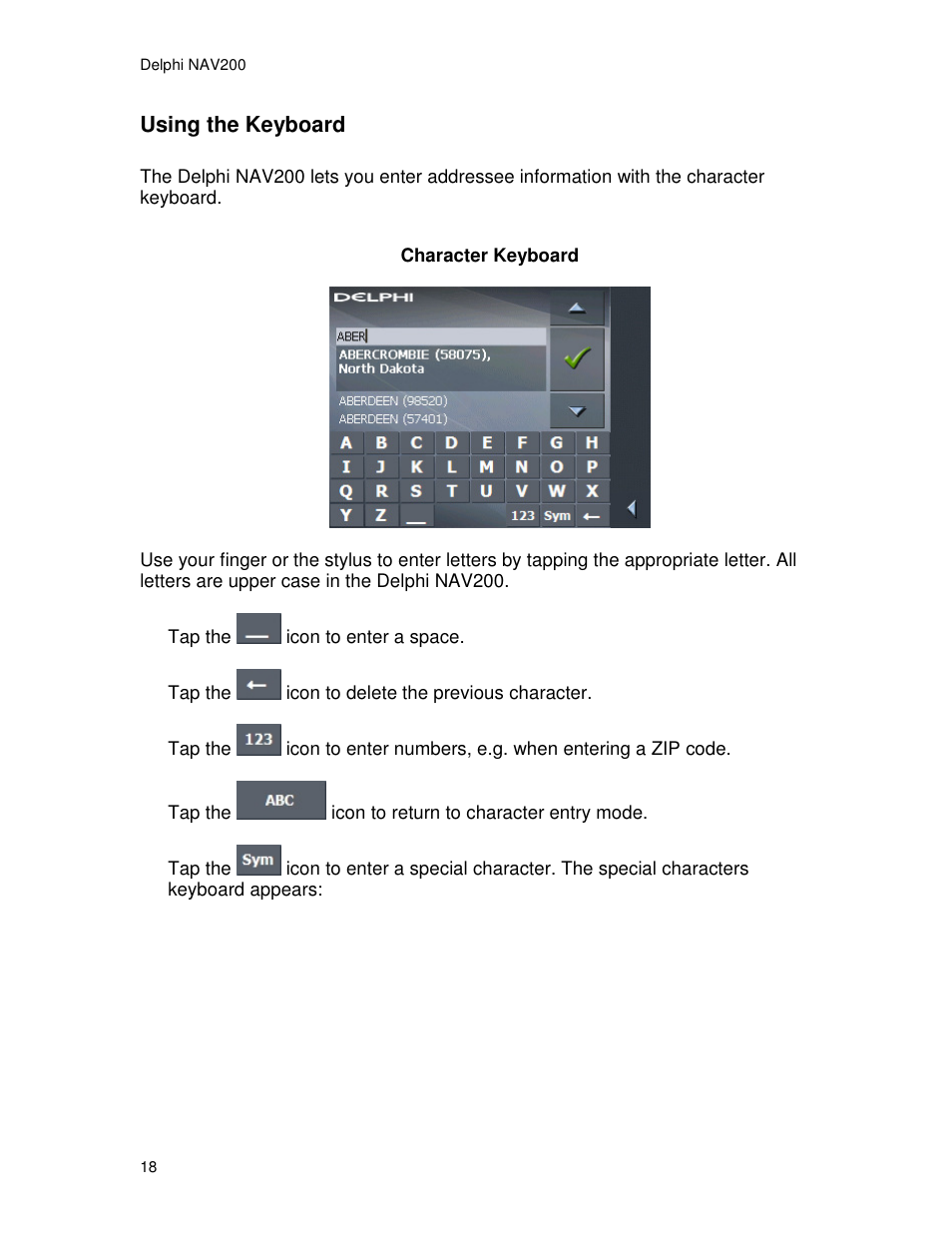 Using the keyboard | Delphi NAV200 User Manual | Page 18 / 85