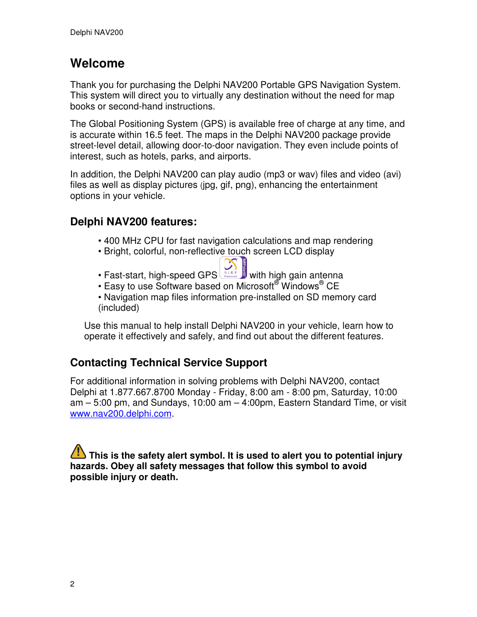 Welcome, Delphi nav200 features, Contacting technical service support | Delphi NAV200 User Manual | Page 2 / 85