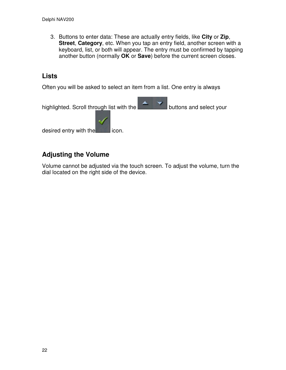 Lists, Adjusting the volume | Delphi NAV200 User Manual | Page 22 / 85