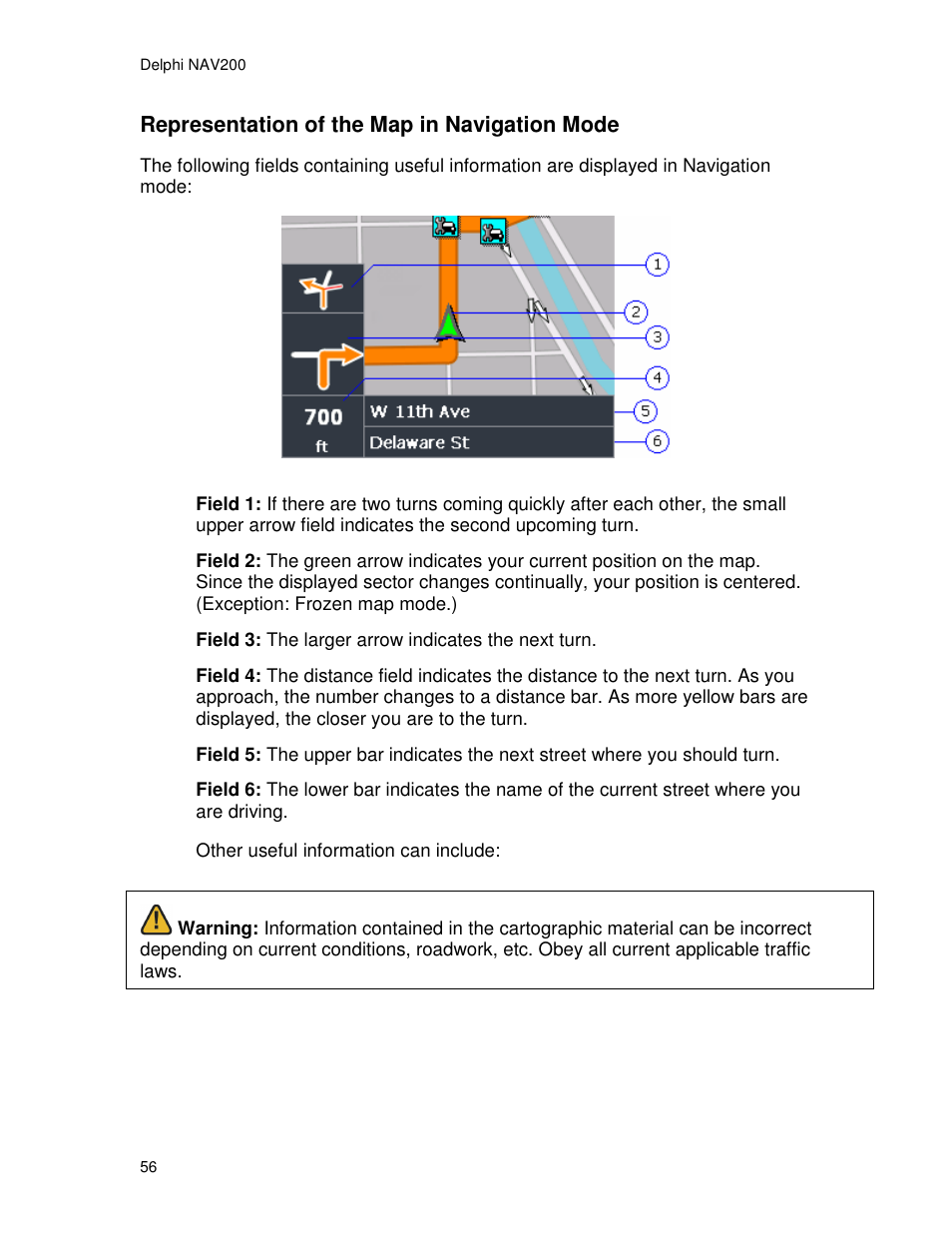 Representation of the map in navigation mode | Delphi NAV200 User Manual | Page 56 / 85