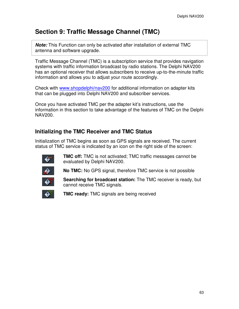 Initializing the tmc receiver and tmc status | Delphi NAV200 User Manual | Page 63 / 85