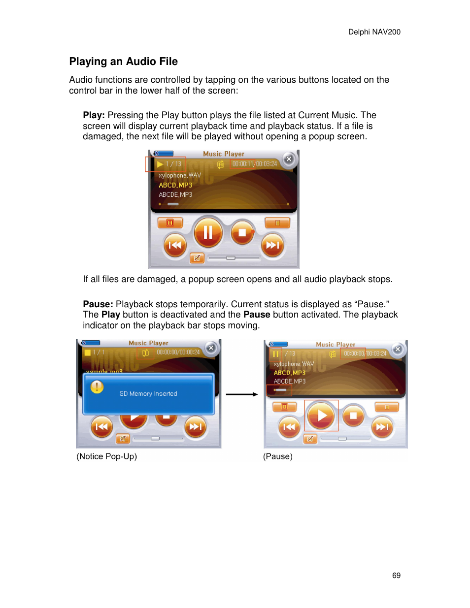 Playing an audio file | Delphi NAV200 User Manual | Page 69 / 85