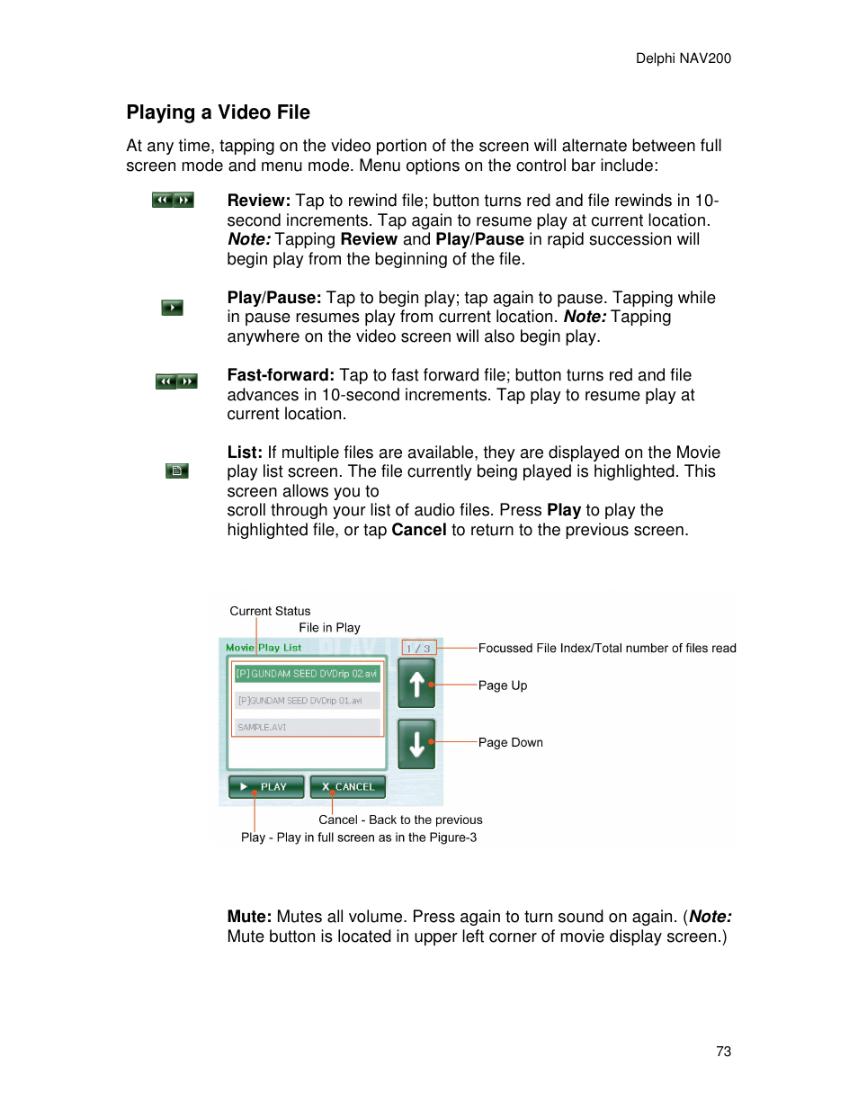 Playing a video file | Delphi NAV200 User Manual | Page 73 / 85