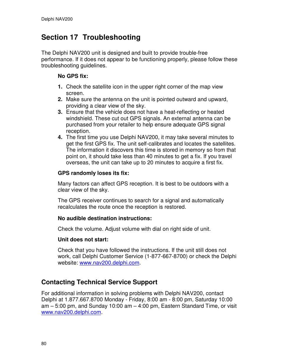 Contacting technical service support | Delphi NAV200 User Manual | Page 80 / 85