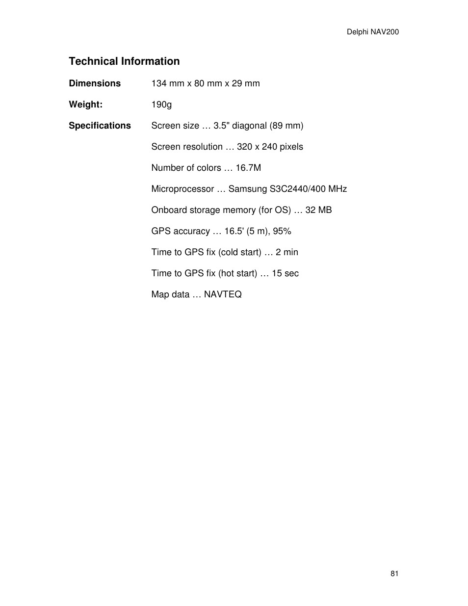 Technical information | Delphi NAV200 User Manual | Page 81 / 85