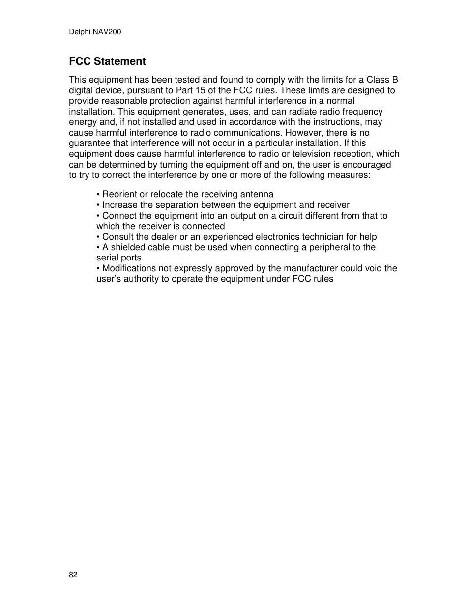 Fcc statement | Delphi NAV200 User Manual | Page 82 / 85