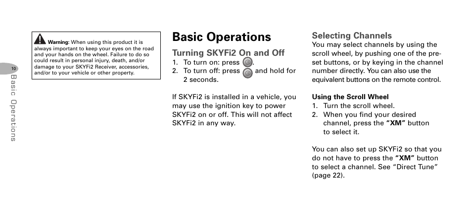 Basic operations, Turning skyfi2 on and off, Selecting channels | Delphi SKYFI2 DPSS-04-E-064 User Manual | Page 11 / 32