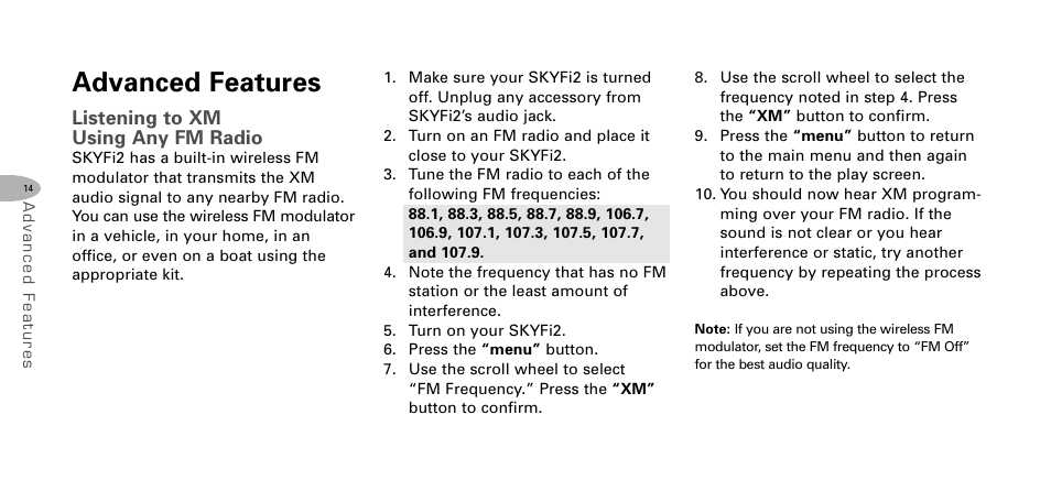 Advanced features, Listening to xm using any fm radio | Delphi SKYFI2 DPSS-04-E-064 User Manual | Page 15 / 32