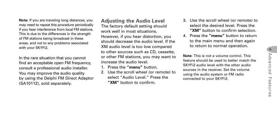 Adjusting the audio level | Delphi SKYFI2 DPSS-04-E-064 User Manual | Page 16 / 32