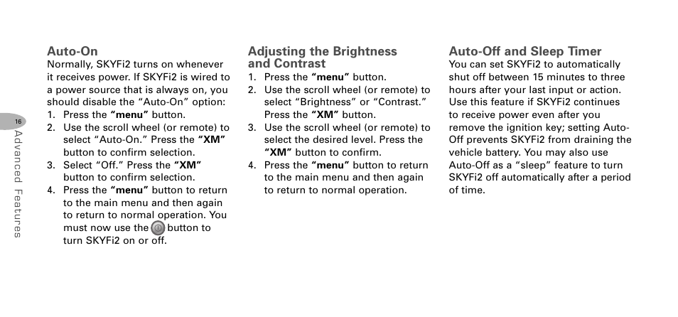 Auto-on, Adjusting the brightness and contrast, Auto-off and sleep timer | Delphi SKYFI2 DPSS-04-E-064 User Manual | Page 17 / 32