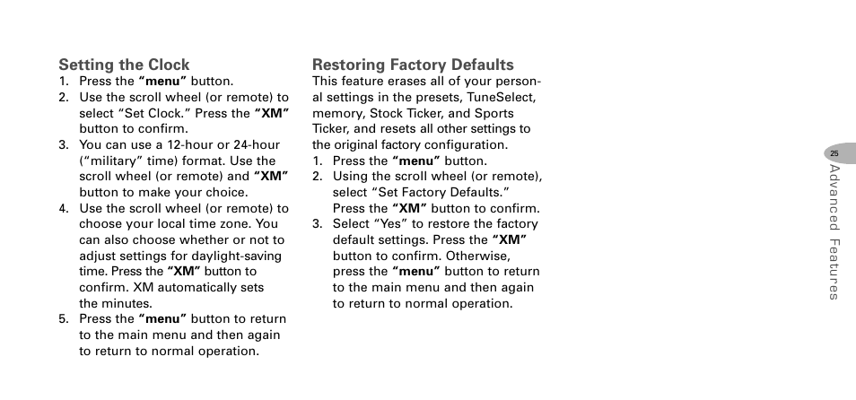Setting the clock, Restoring factory defaults | Delphi SKYFI2 DPSS-04-E-064 User Manual | Page 26 / 32