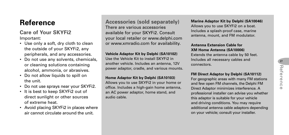 Reference, Accessories (sold separately), Care of your skyfi2 | Delphi SKYFI2 DPSS-04-E-064 User Manual | Page 28 / 32
