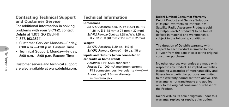 Contacting technical support and customer service, Technical information | Delphi SKYFI2 DPSS-04-E-064 User Manual | Page 31 / 32