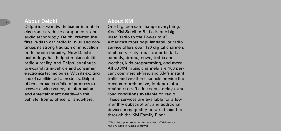 About delphi, About xm | Delphi SKYFI2 DPSS-04-E-064 User Manual | Page 5 / 32