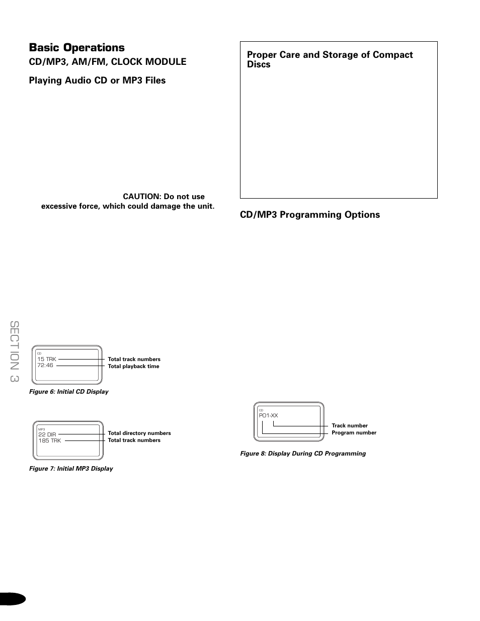 Basic operations, Sect ion 3, Proper care and storage of compact discs | Cd/mp3 programming options | Delphi SA10034-11B1 User Manual | Page 6 / 19