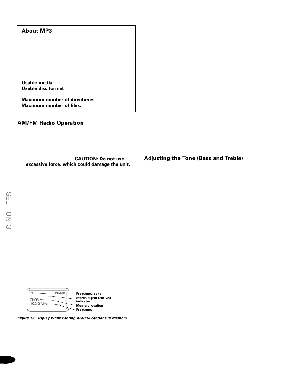 Sect ion 3, About mp3, Am/fm radio operation | Adjusting the tone (bass and treble) | Delphi SA10034-11B1 User Manual | Page 8 / 19