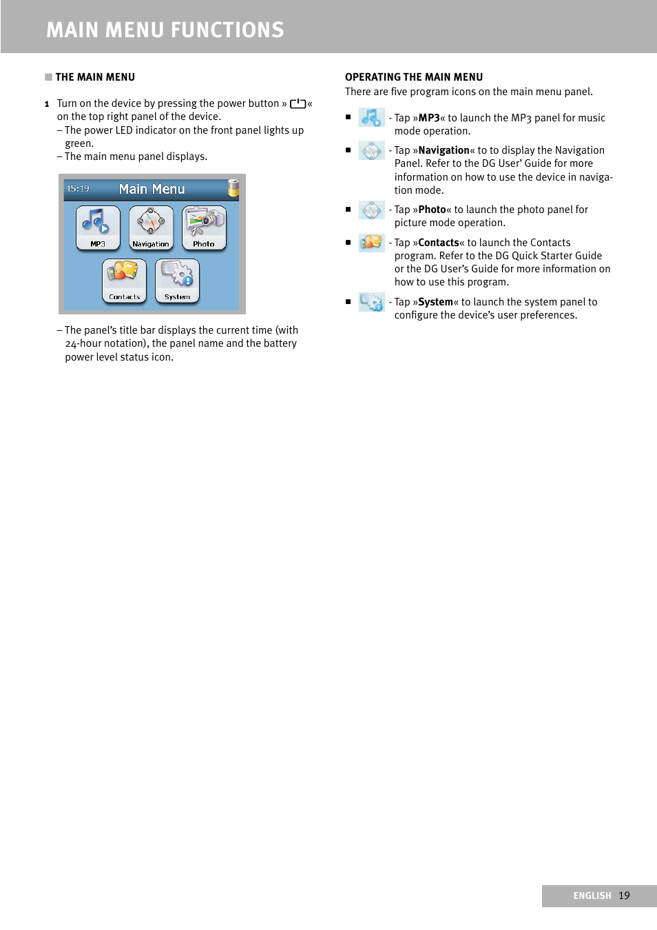 Main menu functions | Delphi Portable Navigation Nav100 User Manual | Page 19 / 32