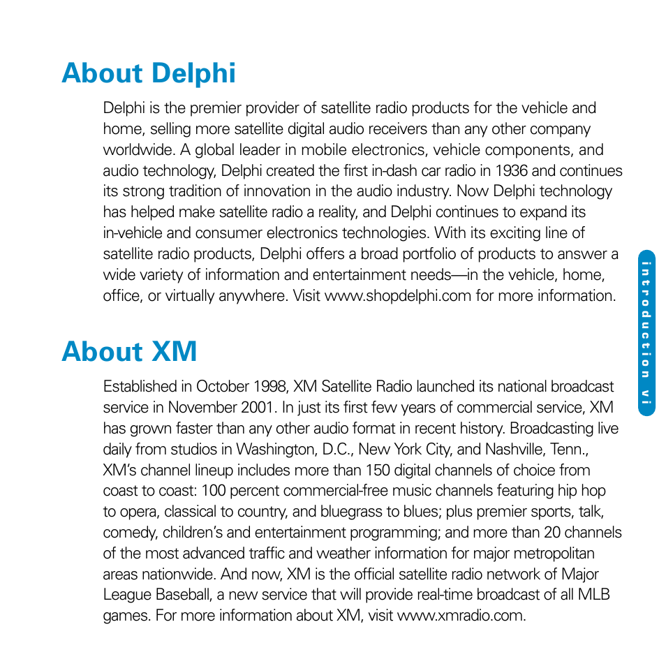 About delphi, About xm | Delphi SA10116-11B1 User Manual | Page 7 / 28