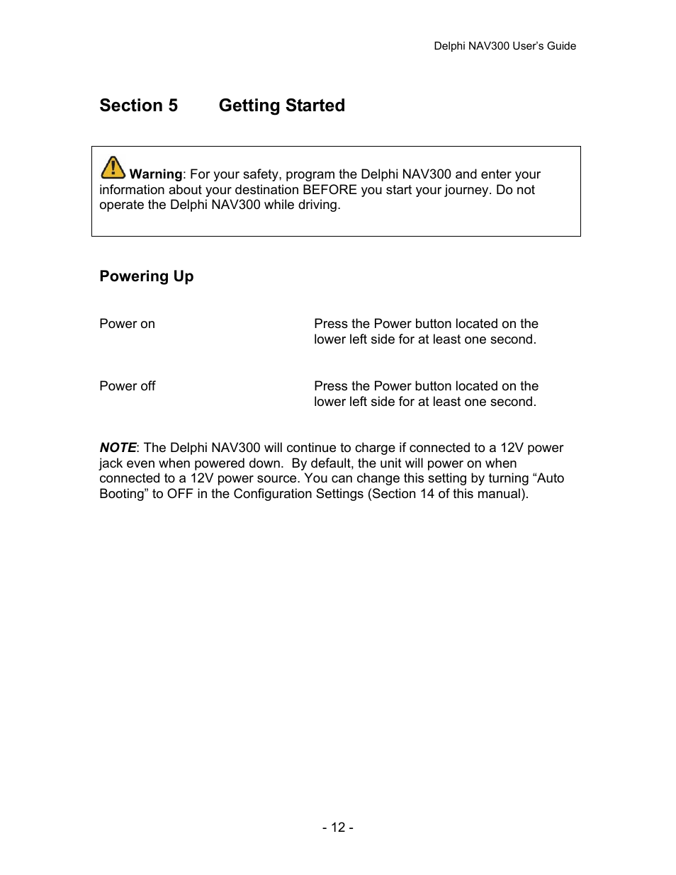 Section 5, Getting started | Delphi NAV300 User Manual | Page 13 / 67