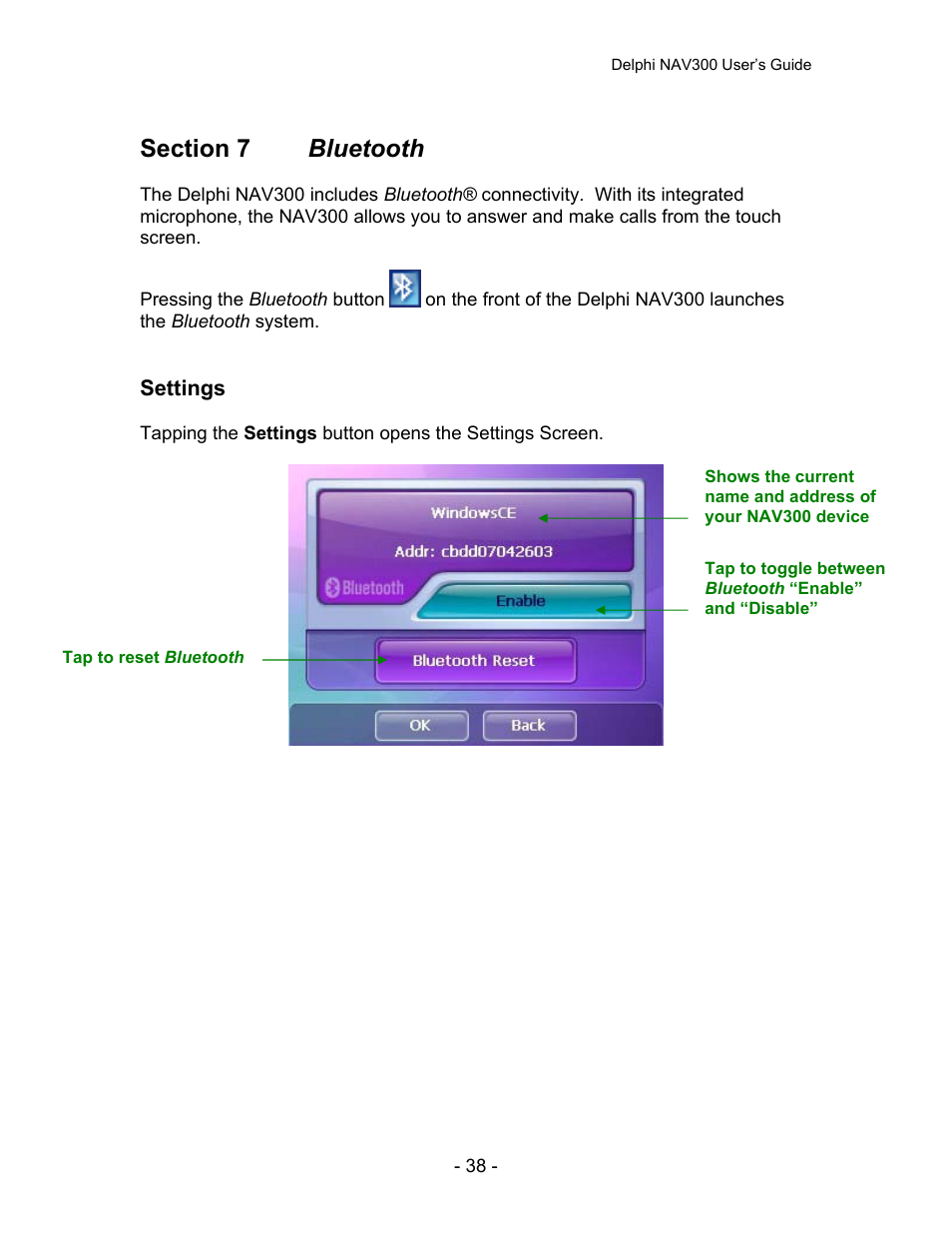 Section 7, Bluetooth | Delphi NAV300 User Manual | Page 39 / 67