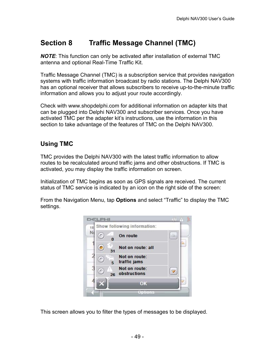 Section 8, Traffic message channel (tmc) | Delphi NAV300 User Manual | Page 50 / 67