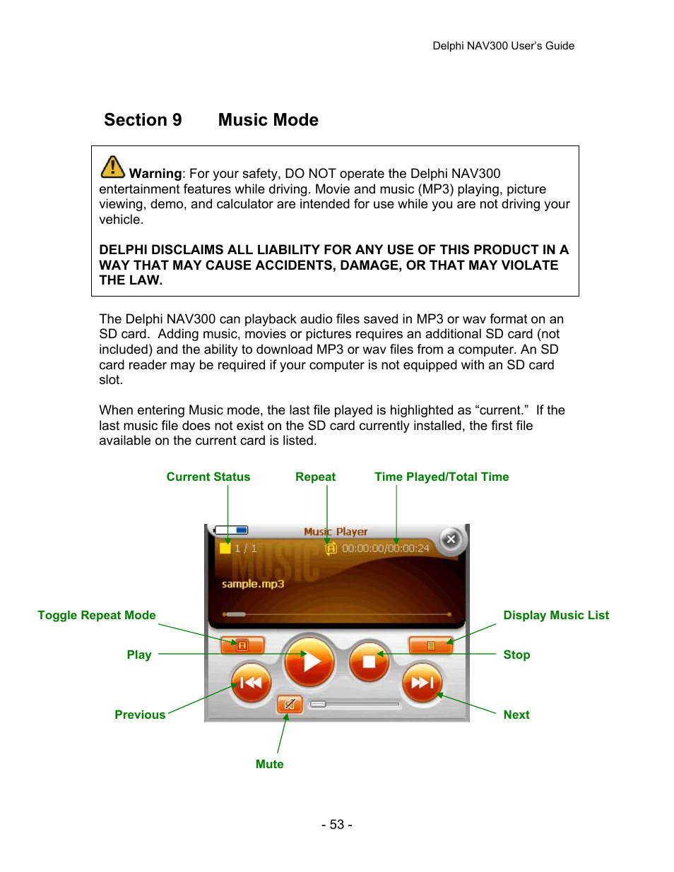 Section 9, Music mode | Delphi NAV300 User Manual | Page 54 / 67