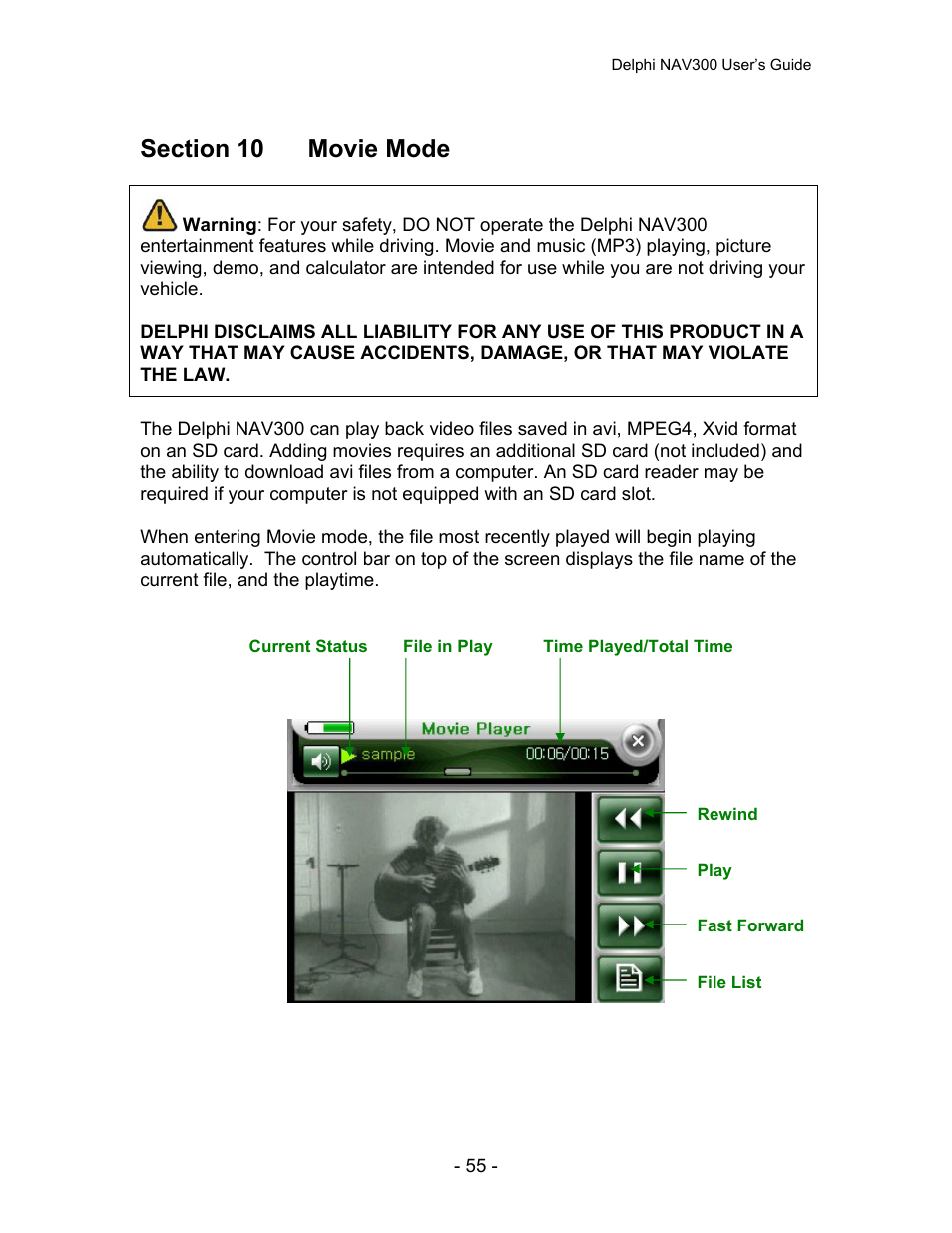Section 10 movie mode | Delphi NAV300 User Manual | Page 56 / 67