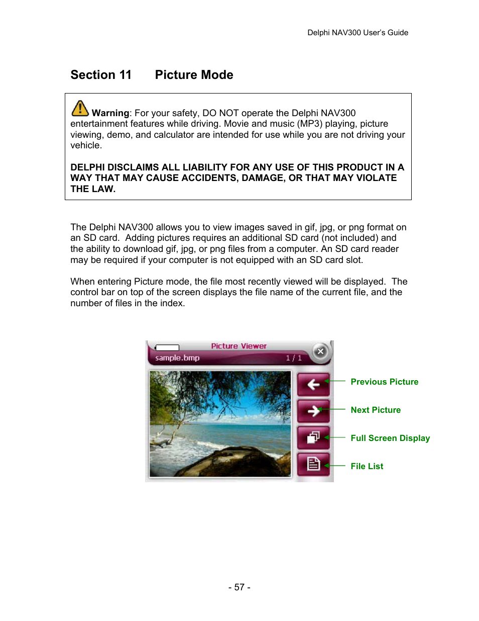 Section 11 picture mode | Delphi NAV300 User Manual | Page 58 / 67