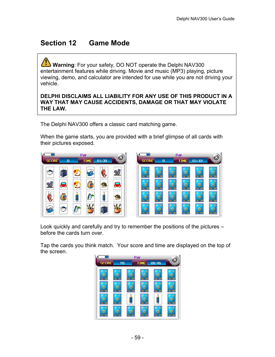 Section 12 game mode | Delphi NAV300 User Manual | Page 60 / 67