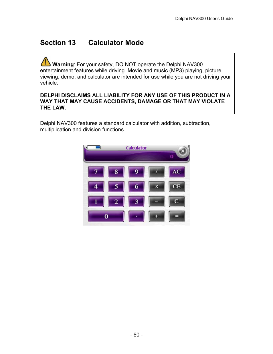 Section 13 calculator mode | Delphi NAV300 User Manual | Page 61 / 67