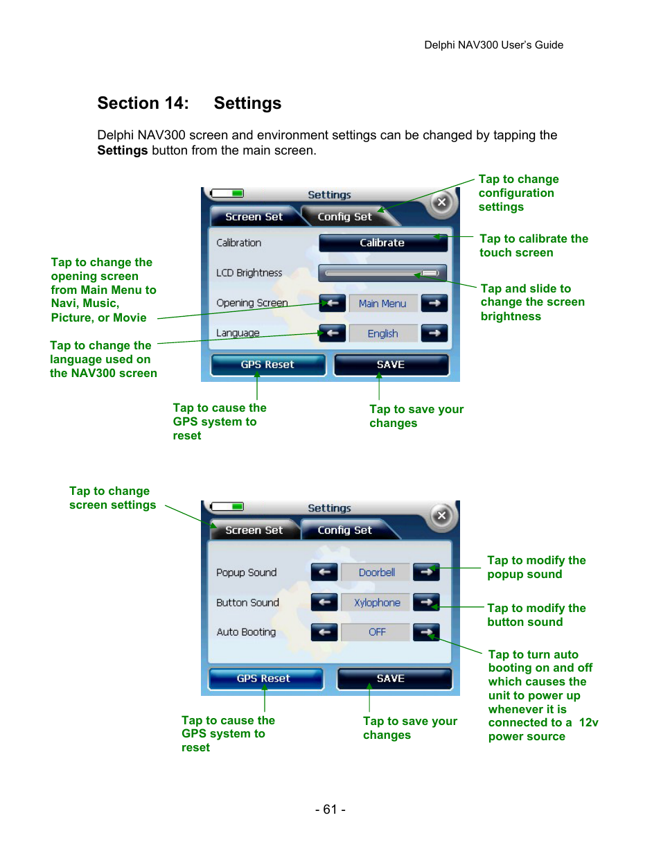 Section 14: settings | Delphi NAV300 User Manual | Page 62 / 67