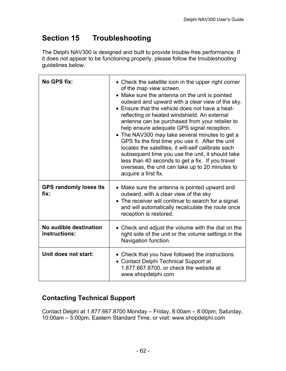 Section 15 troubleshooting | Delphi NAV300 User Manual | Page 63 / 67