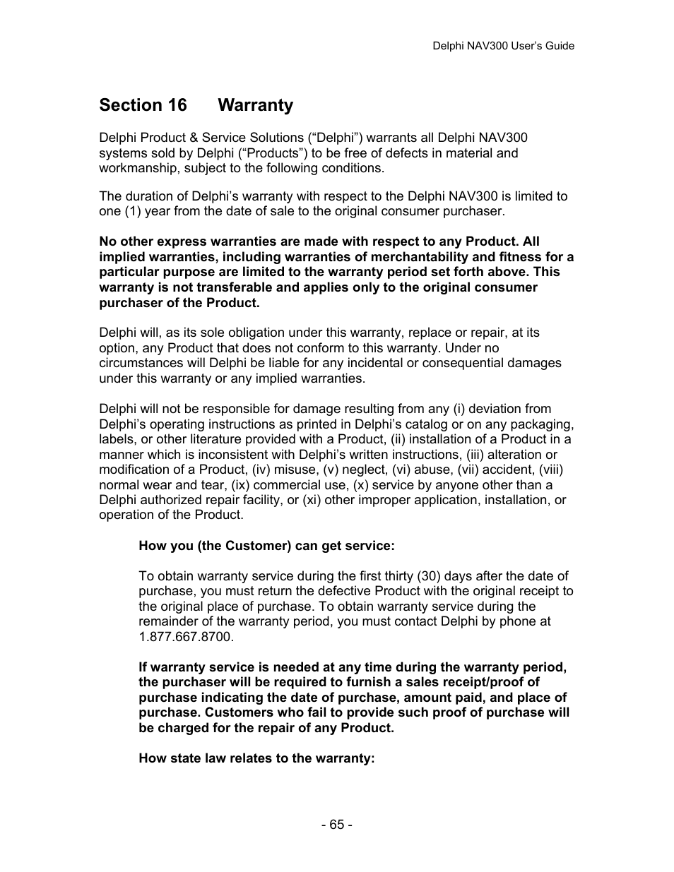 Section 16: ..warranty | Delphi NAV300 User Manual | Page 66 / 67