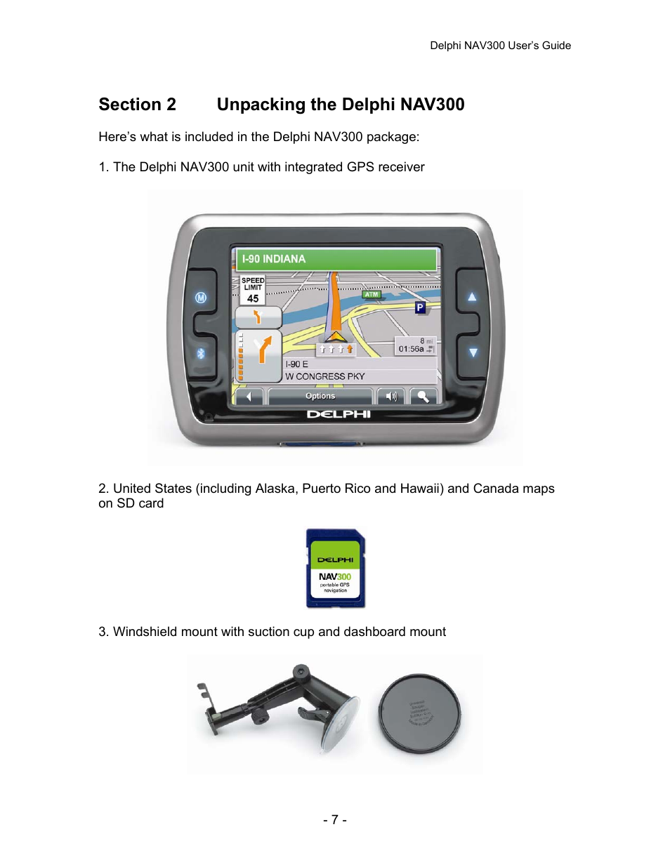 Section 2, Unpacking the delphi nav300 | Delphi NAV300 User Manual | Page 8 / 67