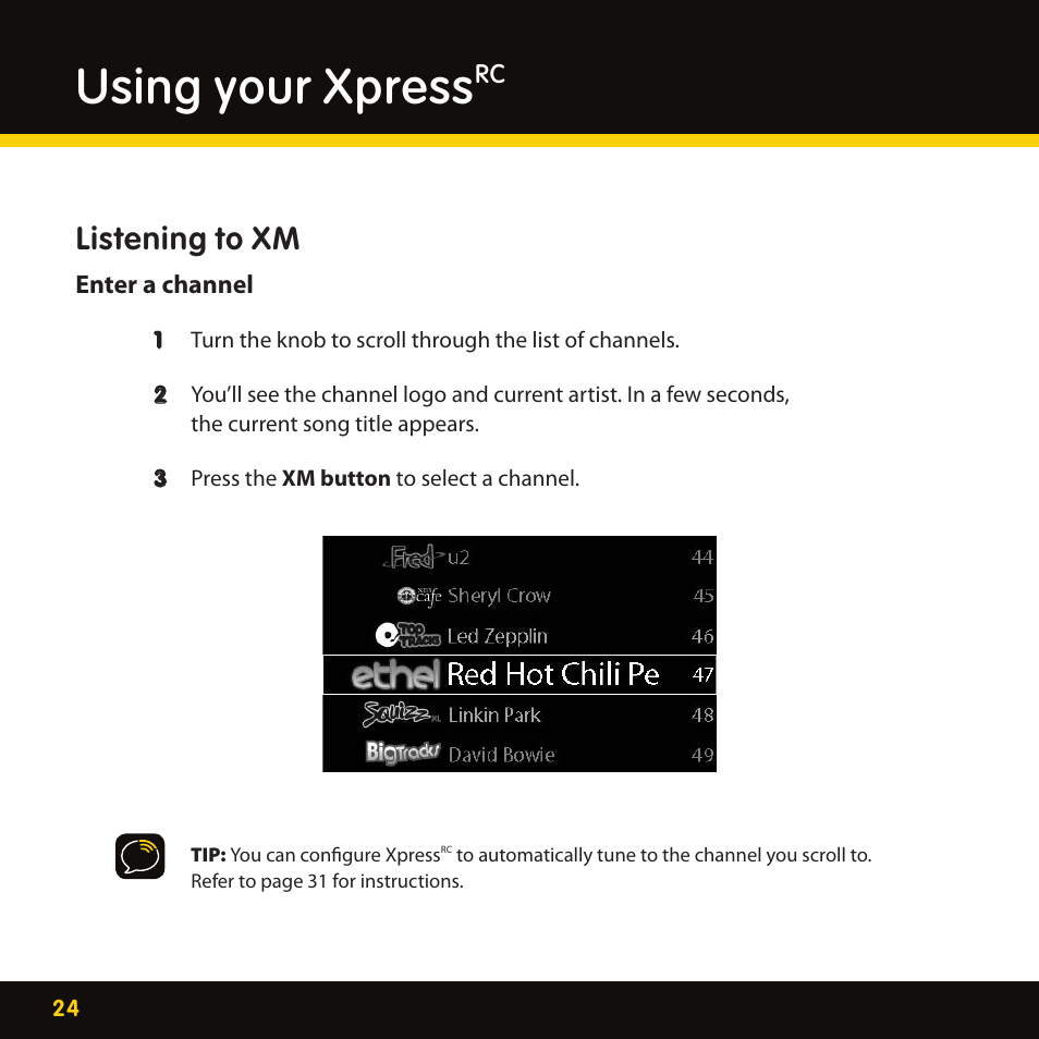 Using your xpress, Listening to xm | Delphi XpressRC SA10316 User Manual | Page 24 / 76